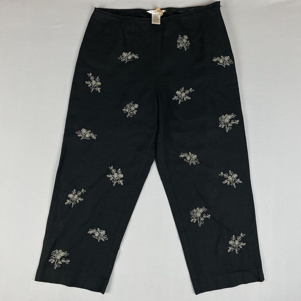 Edward Linen Blend Floral Print Capri Pant Womens 10 Black Embroidered Lagenlook